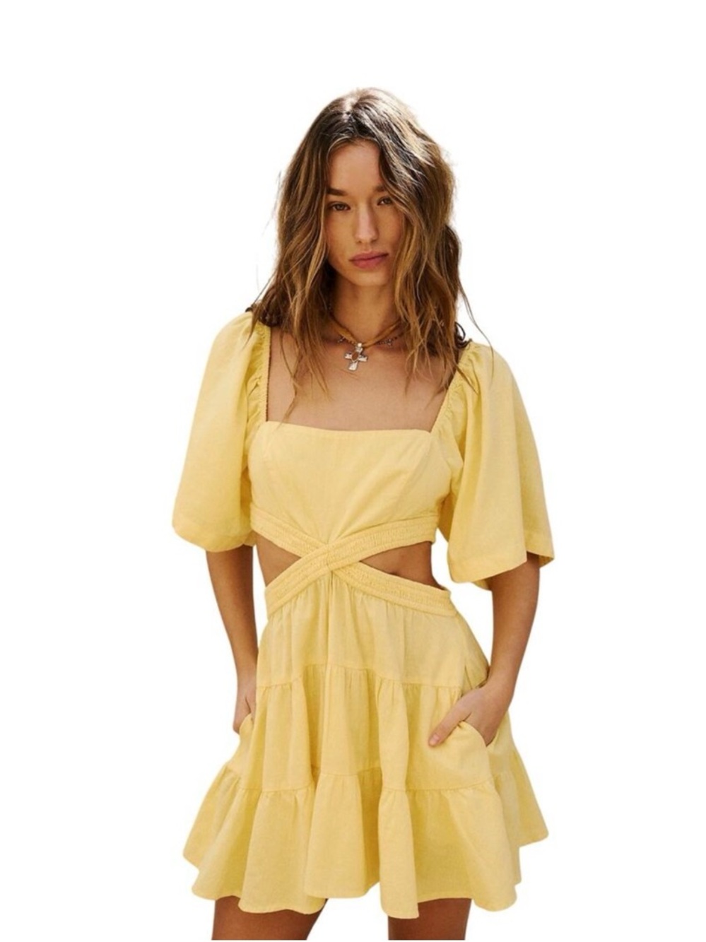 FREE PEOPLE Sunshine Cutout Puff Sleeve Mini Dress